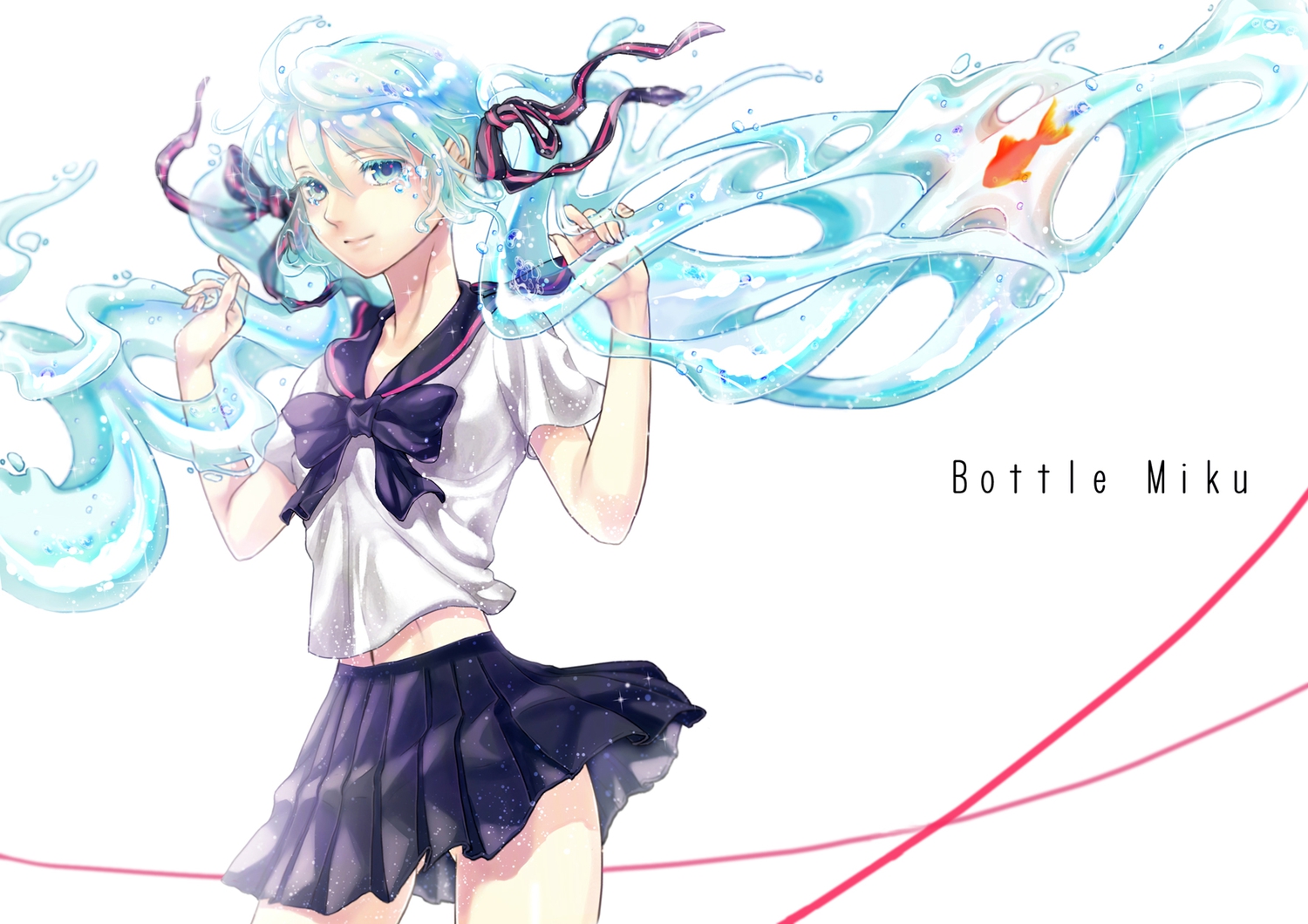 animal, bottle_miku, fish, hatsune_miku, iria_(yumeirokingyo), school_uniform, vocaloid, water