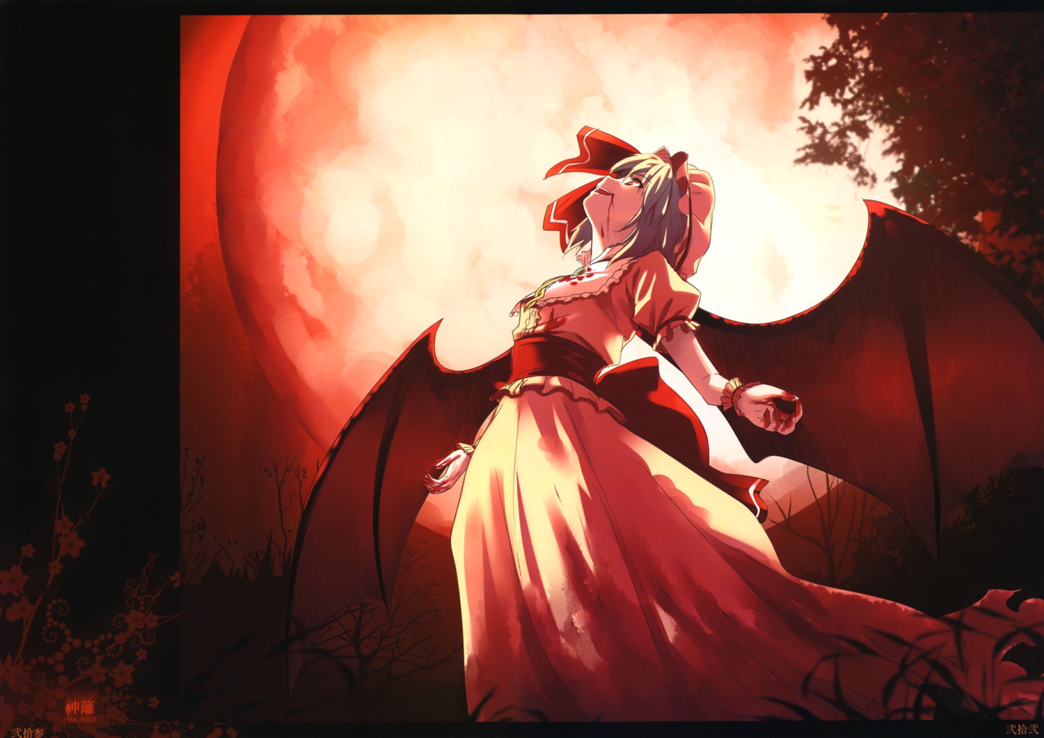 blood, blue_hair, dress, hat, himorogi, kamikire_basami, moon, night, red_eyes, remilia_scarlet, short_hair, touhou, vampire, watermark, wings, yasuyuki