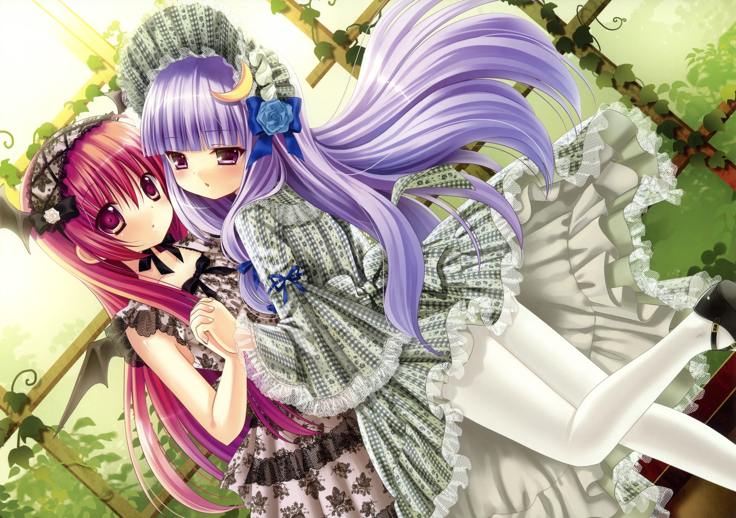 2girls, demon, dress, headdress, kino_(kino_konomi), koakuma, loli, lolita_fashion, long_hair, macchatei_koeda, pantyhose, patchouli_knowledge, purple_eyes, purple_hair, red_eyes, red_hair, scan, touhou, wings