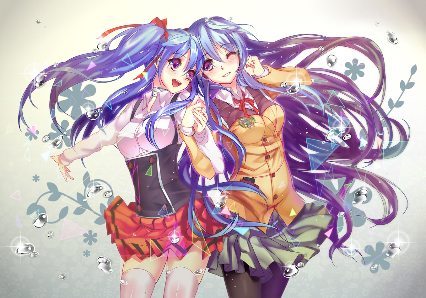 2girls, aki663, blue_hair, blush, original, purple_eyes, wink, zettai_ryouiki