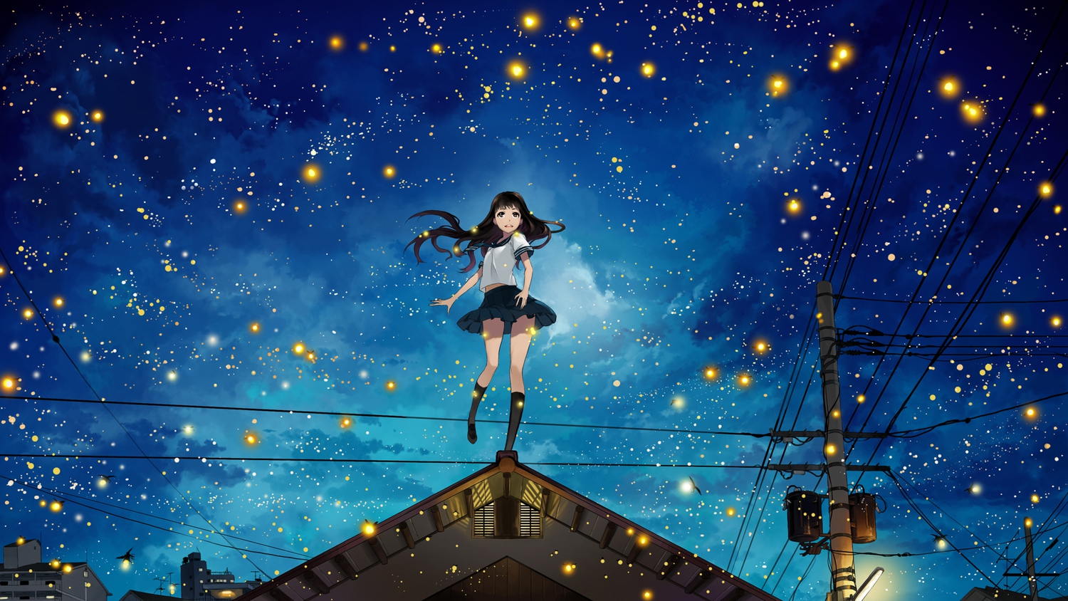 clouds, justminor, kneehighs, night, original, school_uniform, sky