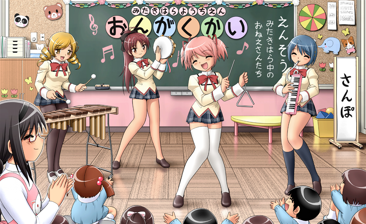 akemi_homura, instrument, kaname_madoka, mahou_shoujo_madoka_magica, miki_sayaka, sakura_kyouko, shingyouji_tatsuya, tomoe_mami