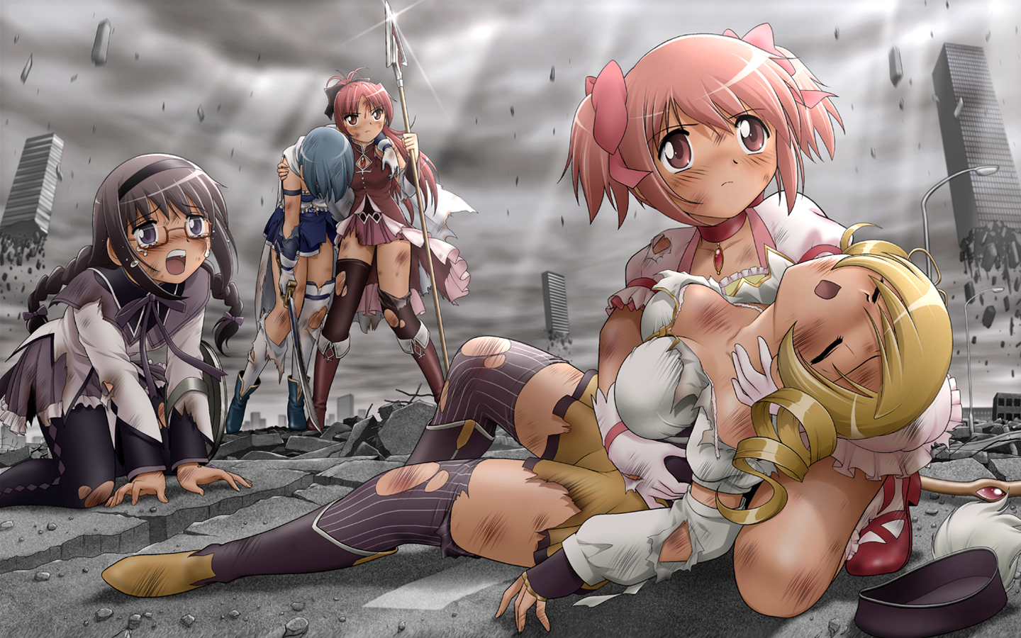 akemi_homura, kaname_madoka, mahou_shoujo_madoka_magica, miki_sayaka, sakura_kyouko, shingyouji_tatsuya, tomoe_mami