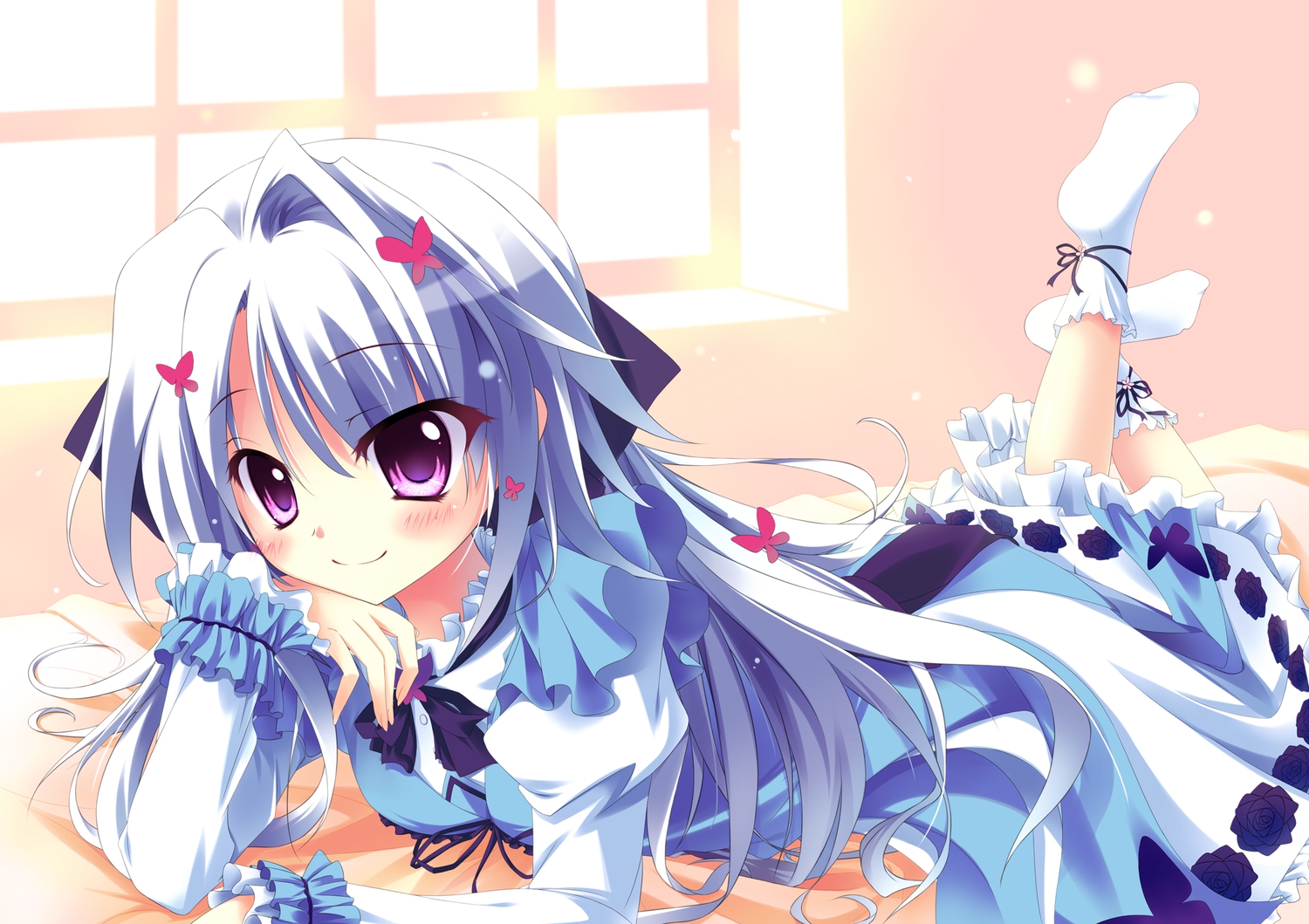 blue_hair, blush, dress, hisagiyuu, koi_ga_saku_koro_sakura_doki, purple_eyes, socks, tina_(koi_ga_saku_koro_sakura_doki)