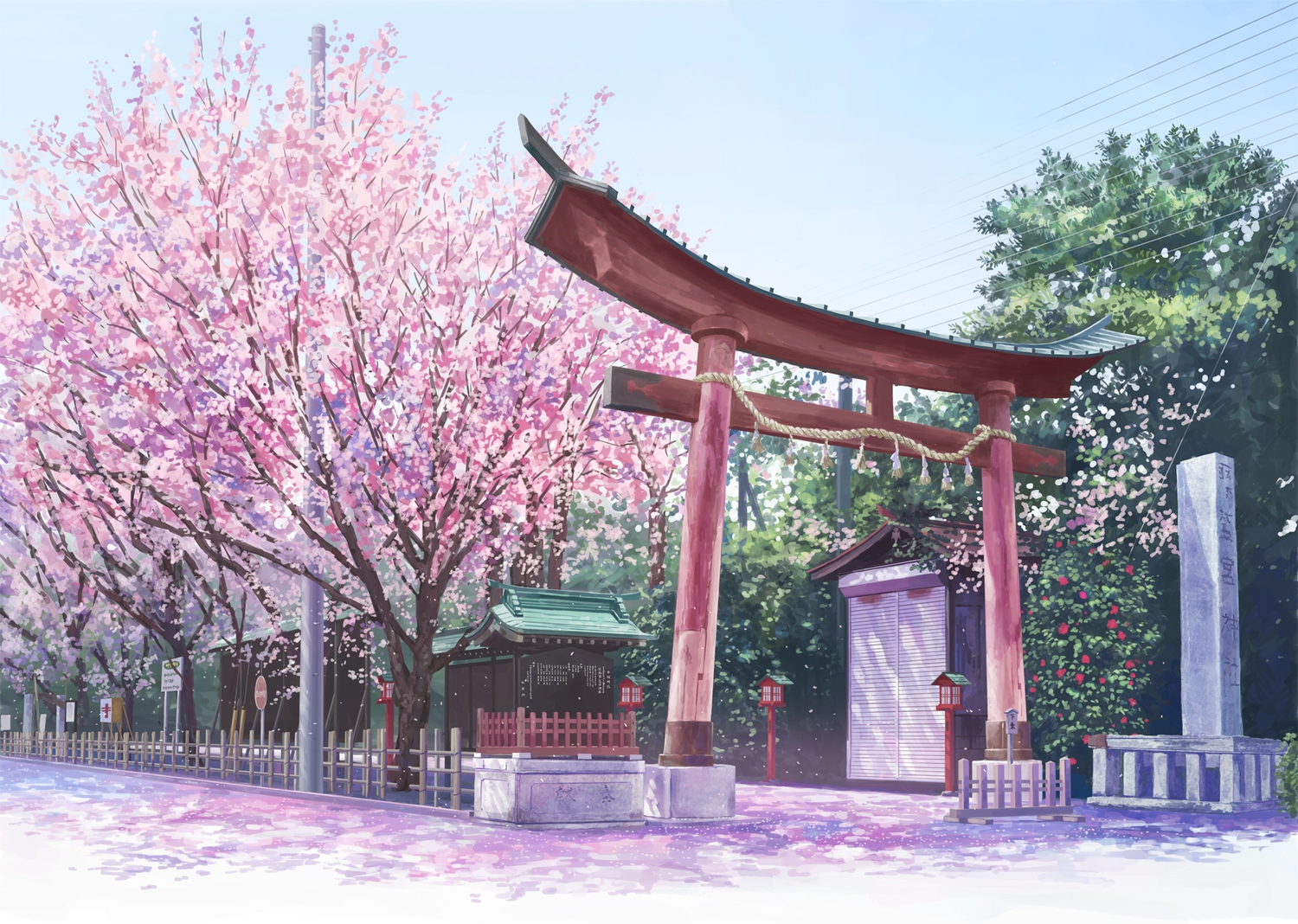 cherry_blossoms, flowers, isou_nagi, scenic, torii