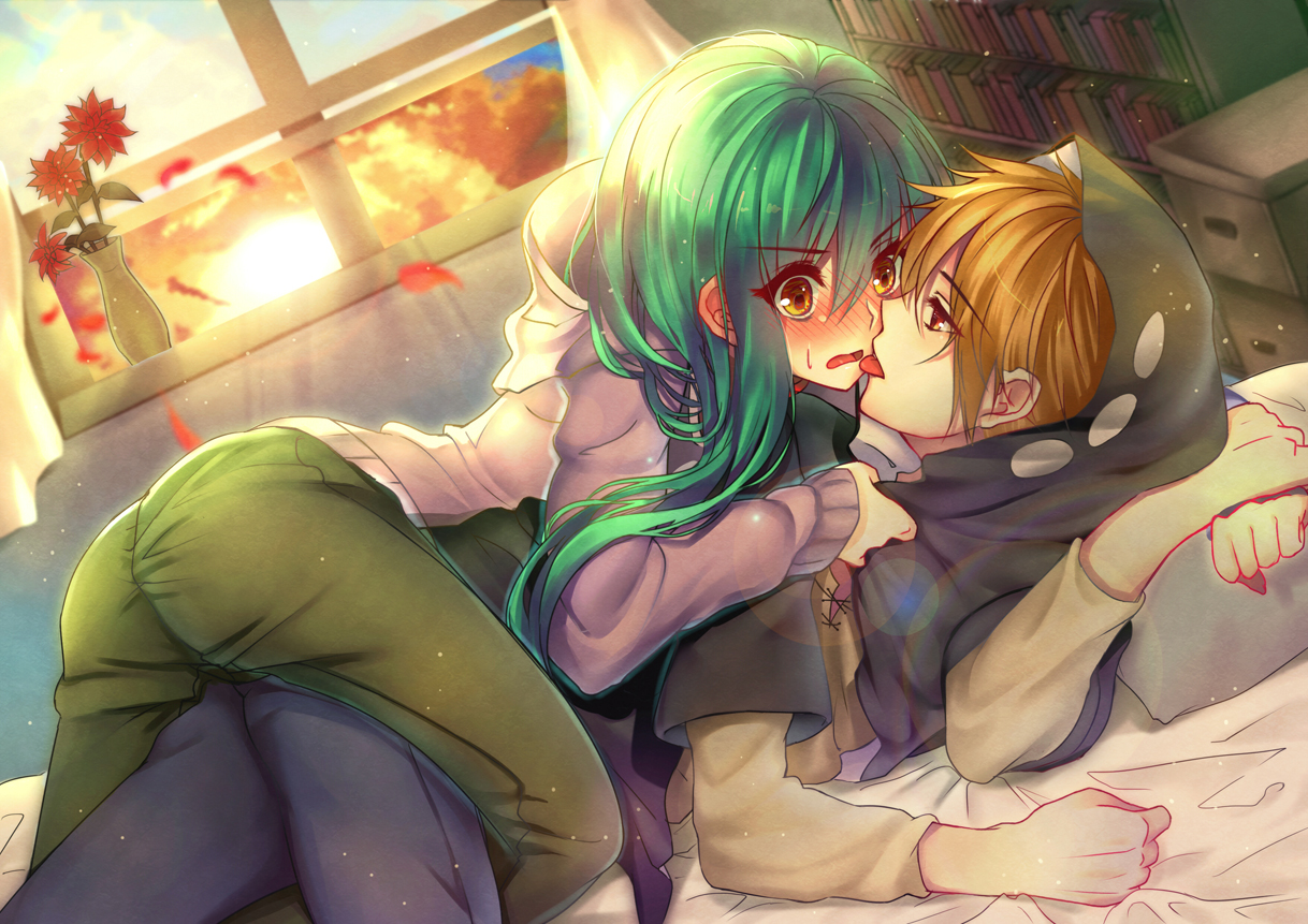 aki663, bed, blush, brown_eyes, brown_hair, clouds, flowers, green_hair
