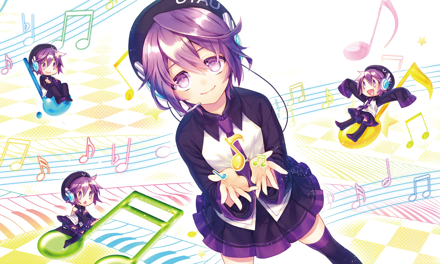 chibi, defoko, hat, headphones, jpeg_artifacts, kneehighs, music, purple_eyes, purple_hair, renta_(deja-vu), short_hair, skirt, tie, utau