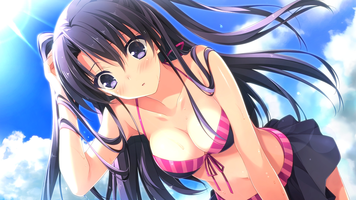 berrys, black_hair, breasts, cleavage, game_cg, long_hair, morikubo_yuna, purple_eyes, sky, sphere, suzuhira_hiro, swimsuit, wet