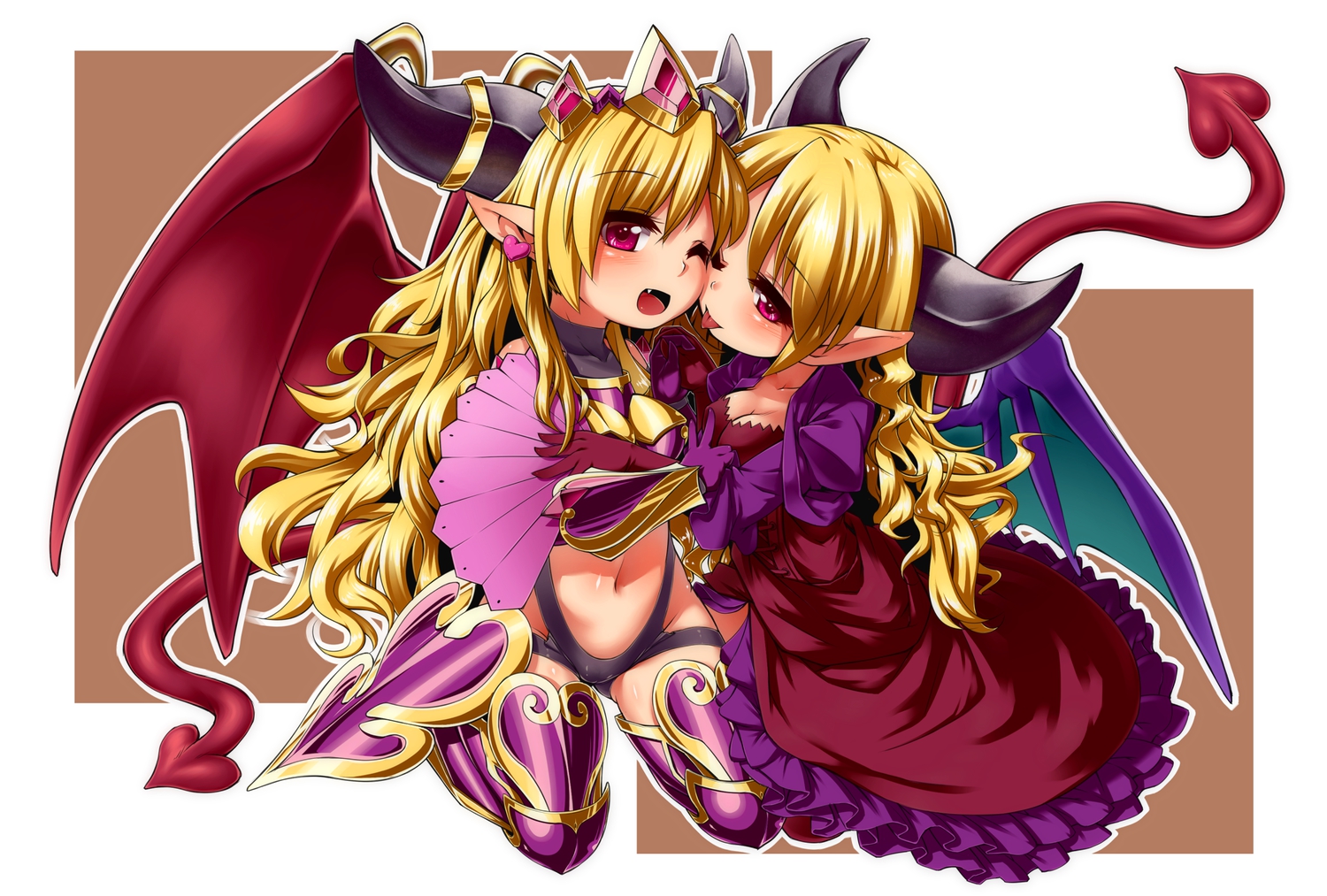 blush, breasts, cameltoe, cleavage, horns, lilith_(p&d), navel, pointed_ears, puzzle_&_dragons, rutsubo, tail, wings, wink
