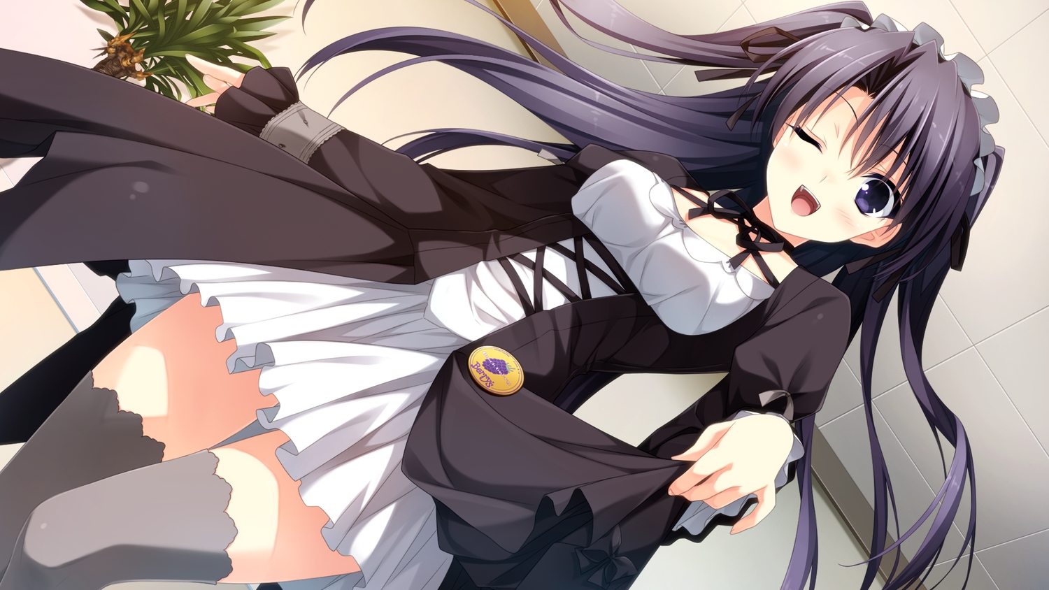 berrys, game_cg, long_hair, morikubo_yuna, skirt, skirt_lift, sphere, suzuhira_hiro, thighhighs, wink