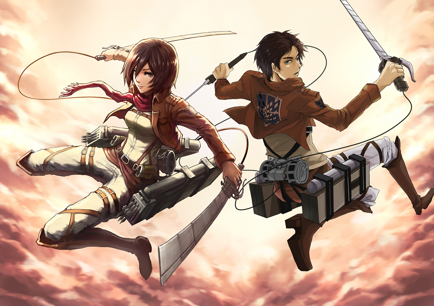 eren_jaeger, gou_(ga673899), mikasa_ackerman, scarf, shingeki_no_kyojin, sky, weapon