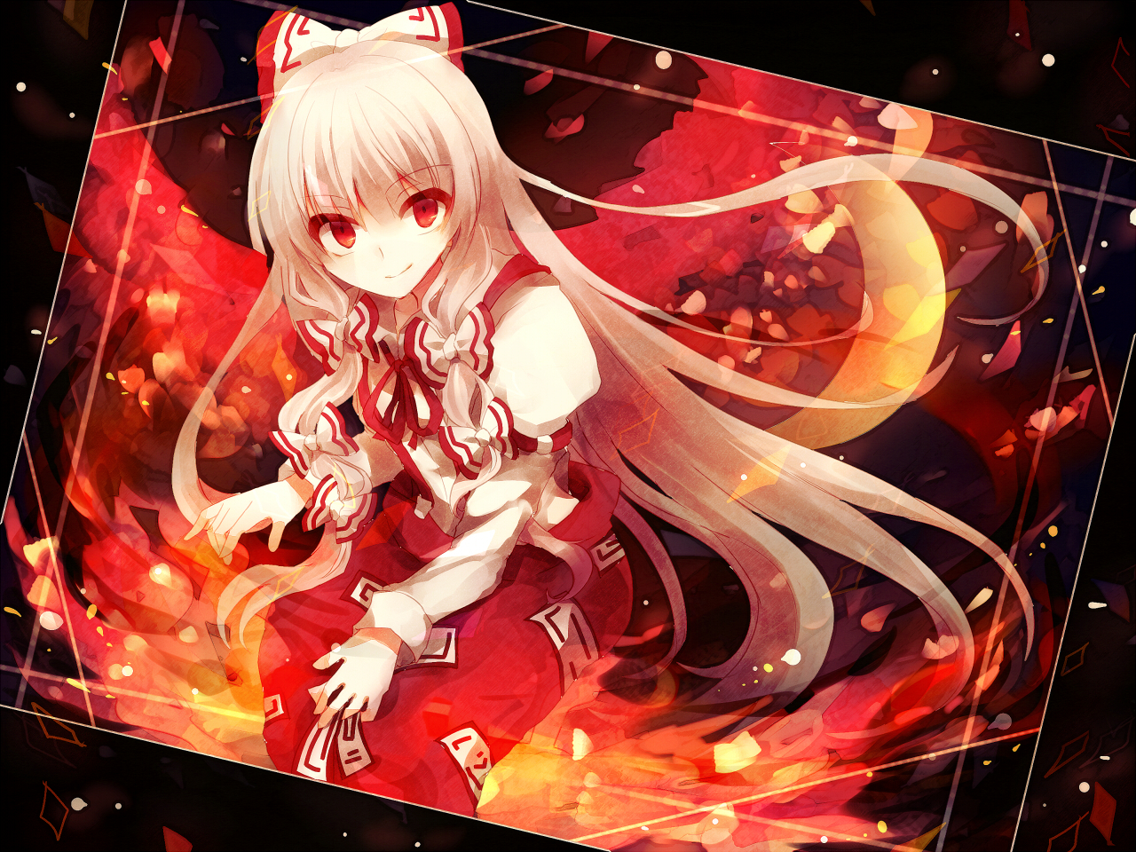 bow, fire, fujiwara_no_mokou, kinona, long_hair, polychromatic, red_eyes, shirt