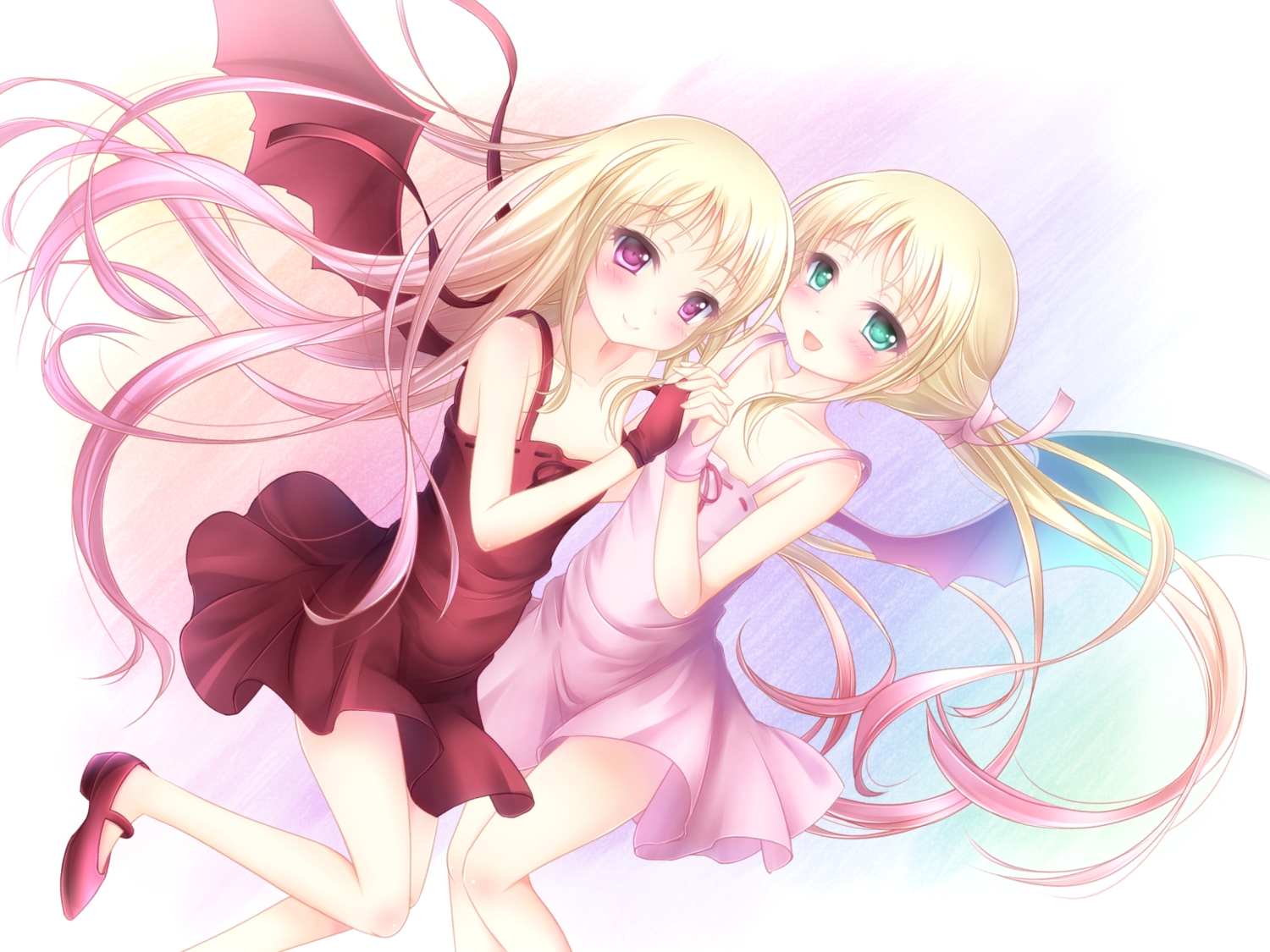 2girls, blonde_hair, dress, long_hair, tagme, yayayoruyoru