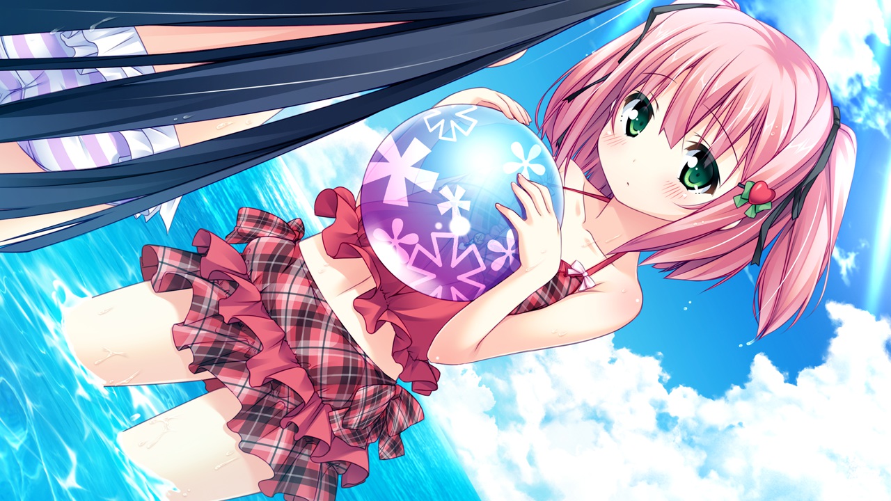 2girls, ball, bikini, black_hair, blush, game_cg, kirigaya_hasuka, loli, niieda_miyu, pink_hair, santaful_summer, swimsuit, usume_shirou, water