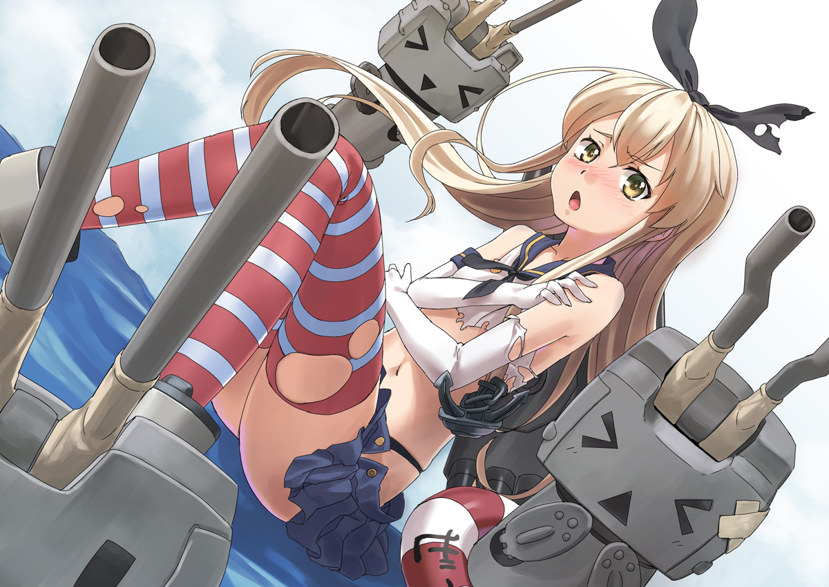 anthropomorphism, blonde_hair, blush, elbow_gloves, gloves, kantai_collection, long_hair, navel
