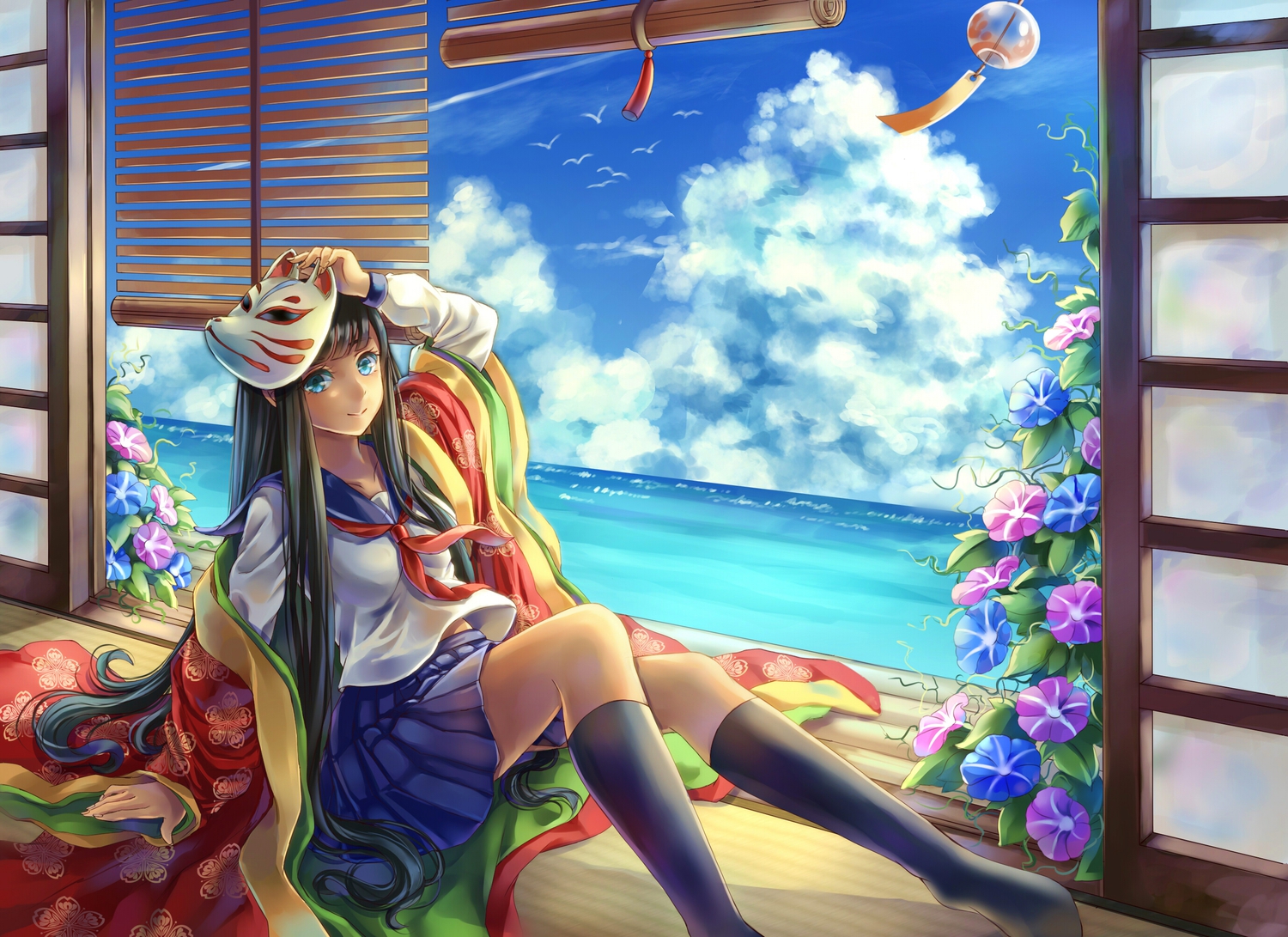 clouds, daphne_zhang, japanese_clothes, kneehighs, mask, original, school_uniform, summer