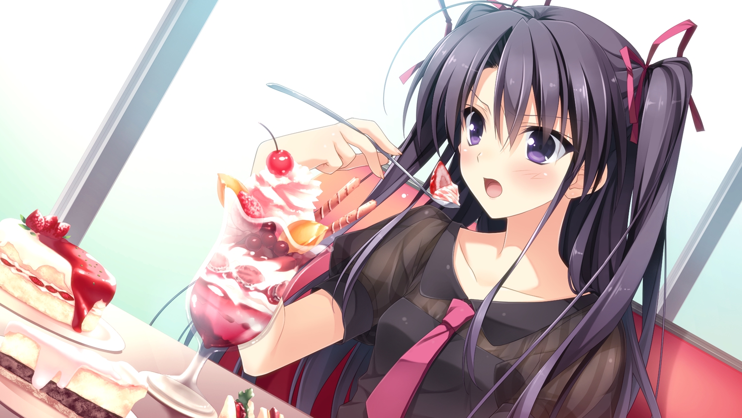berrys, cake, food, game_cg, ice_cream, long_hair, morikubo_yuna, purple_eyes