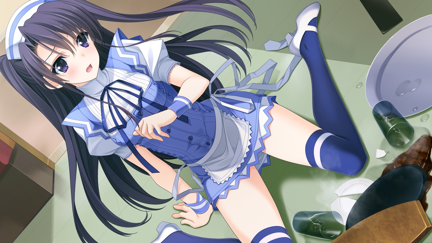 berrys, black_hair, drink, game_cg, headdress, long_hair, morikubo_yuna, purple_eyes, sphere, suzuhira_hiro, thighhighs, waitress