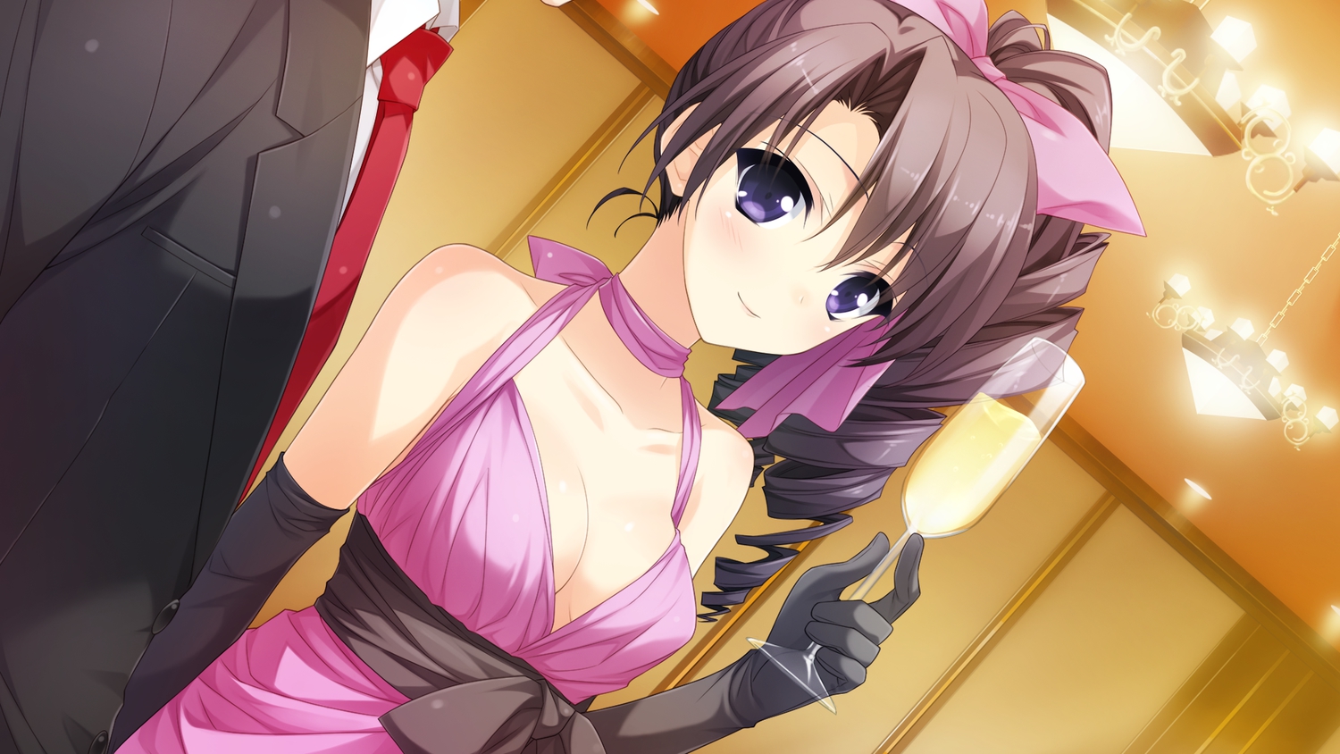 berrys, breasts, cleavage, dress, drink, elbow_gloves, game_cg, gloves