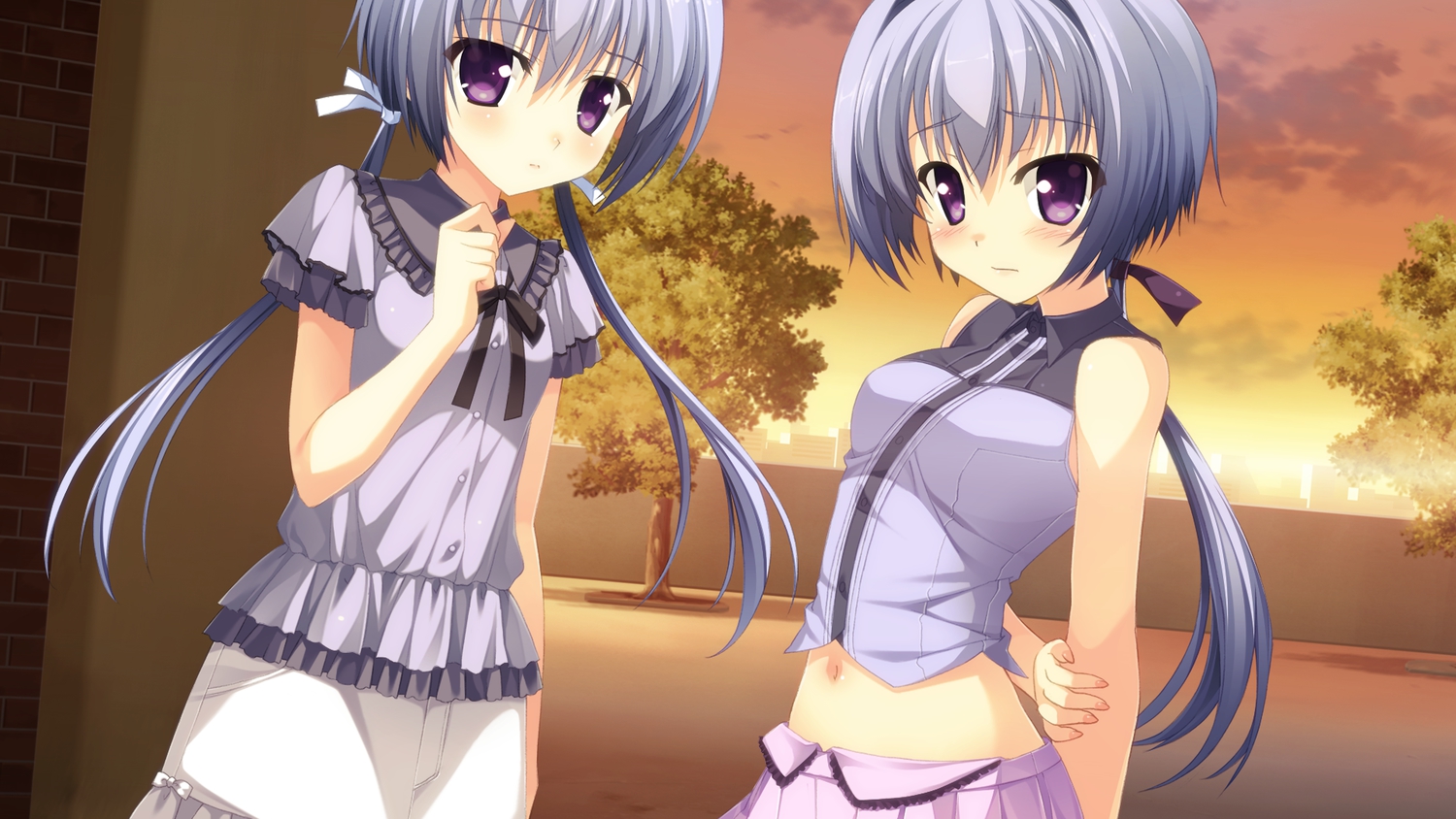 2girls, berrys, game_cg, navel, purple_eyes, satou_haruki, satou_natsuki, sphere, twins