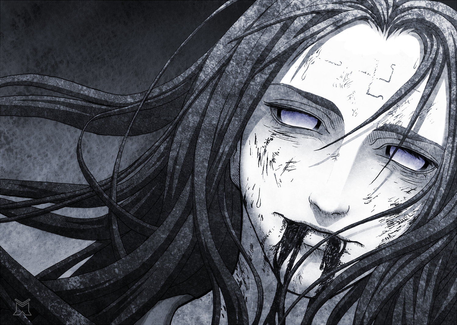 all_male, blood, close, hyuuga_neji, male, monochrome, naruto, naruto_shippuden