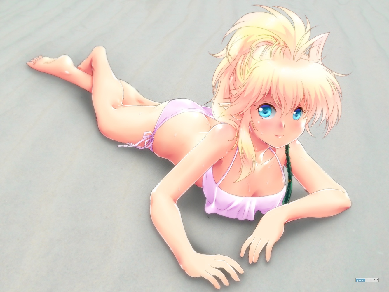 aqua_eyes, barefoot, beach, bikini, blonde_hair, breasts, cleavage, gray