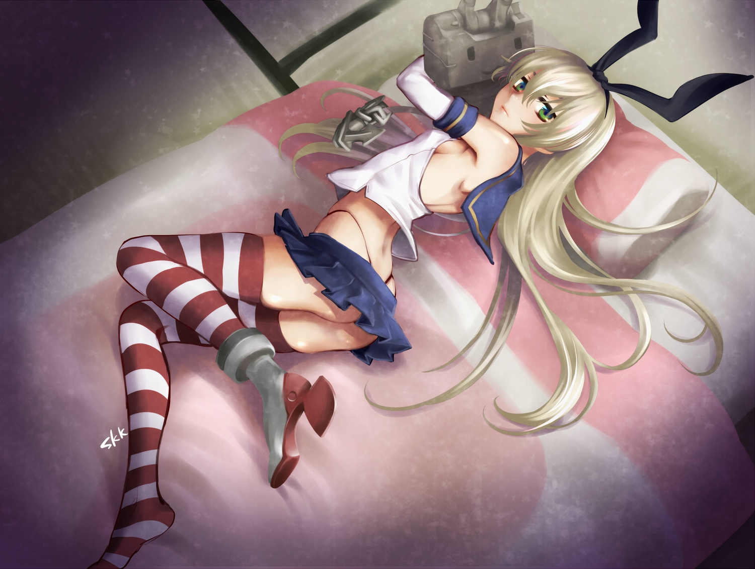 anthropomorphism, bed, blonde_hair, green_eyes, headband, kantai_collection, long_hair, rensouhou-chan, shimakaze_(kancolle), shoukaki_(earthean), signed, skirt, thighhighs
