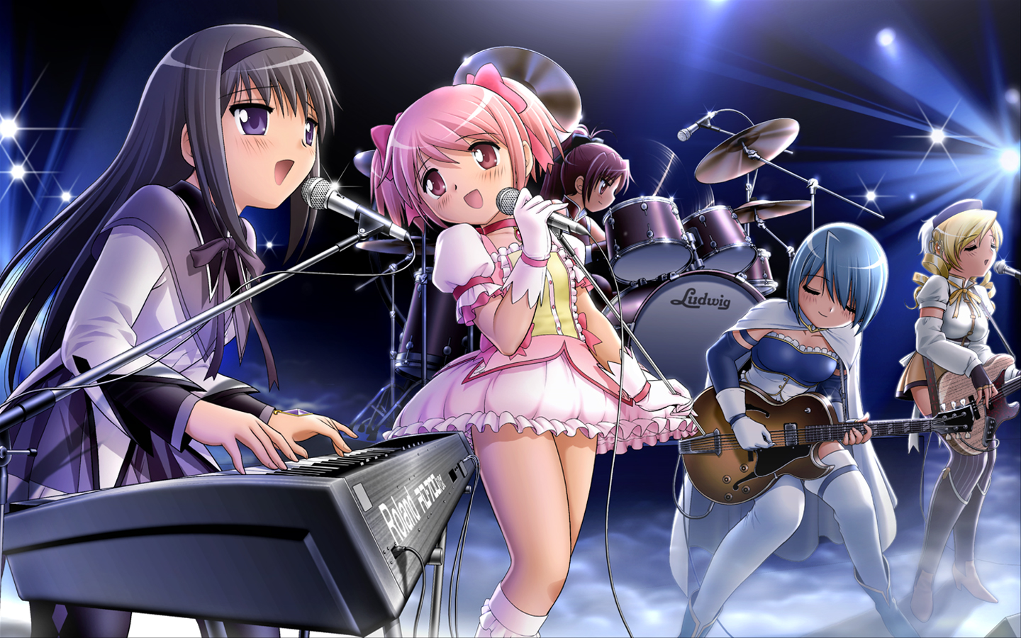 akemi_homura, drums, guitar, instrument, kaname_madoka, mahou_shoujo_madoka_magica, microphone, miki_sayaka