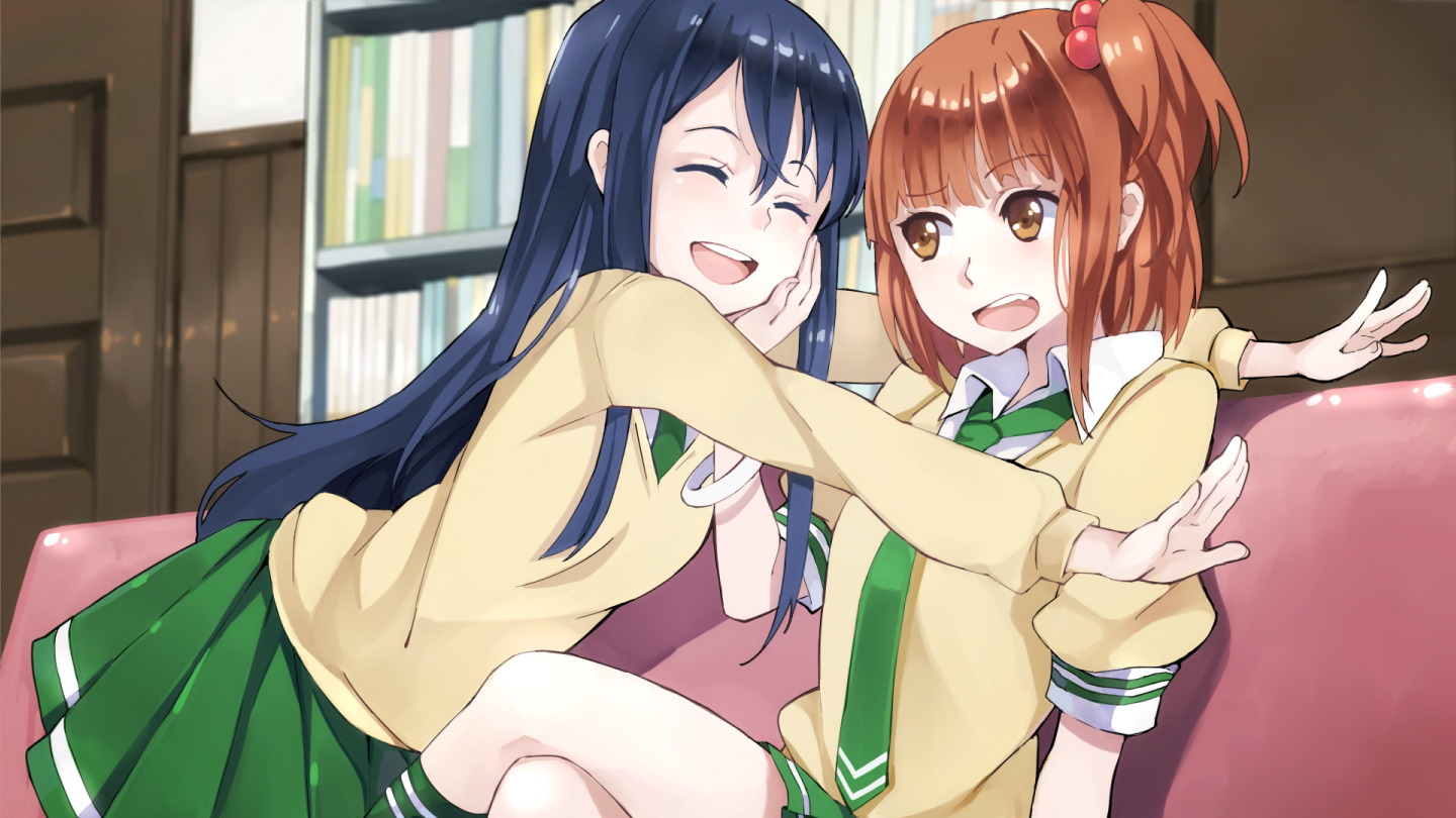 black_hair, brown_hair, hao_(patinnko), kurahashi_riko, love_lab, maki_natsuo, ponytail, school_uniform