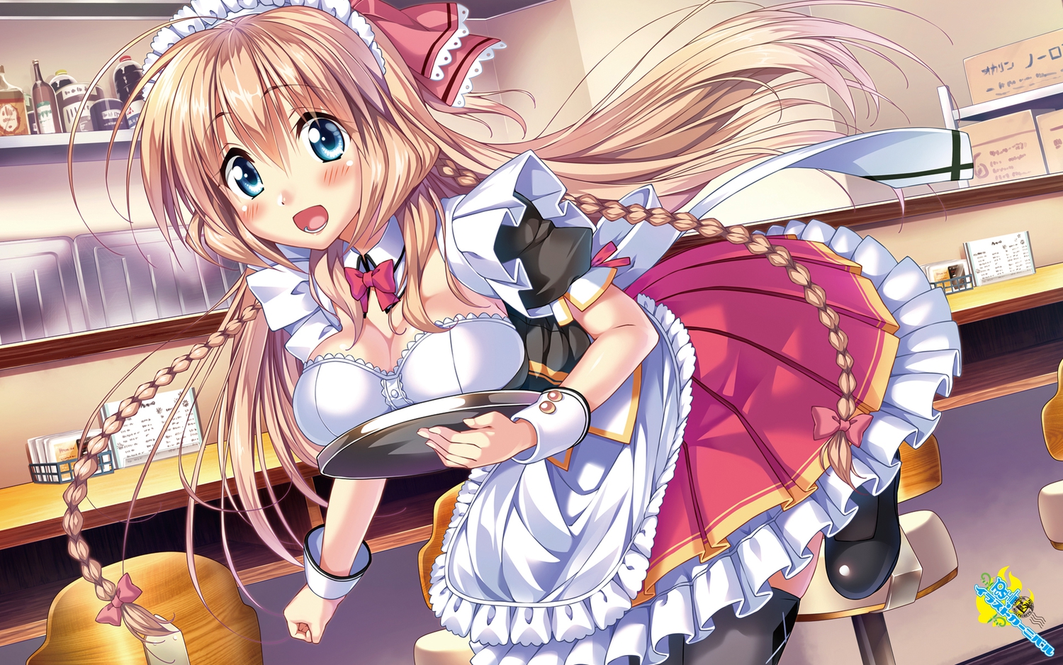 aozora_stripe, astronauts, braids, breasts, cleavage, long_hair, piromizu, ribbons, sawatari_kotone, waitress