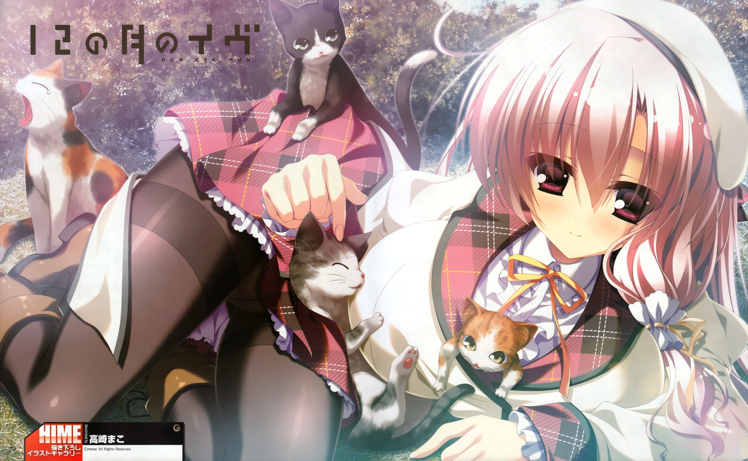 12_no_tsuki_no_eve, animal, cat, dengeki_hime, grass, hat, minori, panties, pantyhose, scan, shiina_mizuka, takasaki_maco, underwear
