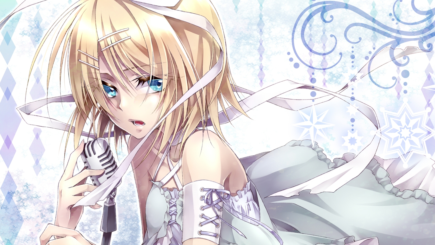 blonde_hair, blue_eyes, dress, kagamine_rin, microphone, short_hair, ueno_tsuki, vocaloid