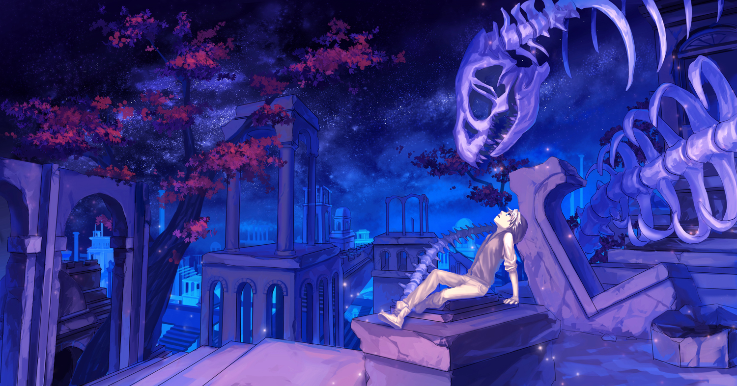 mizukai, night, original, scenic, stars, tree