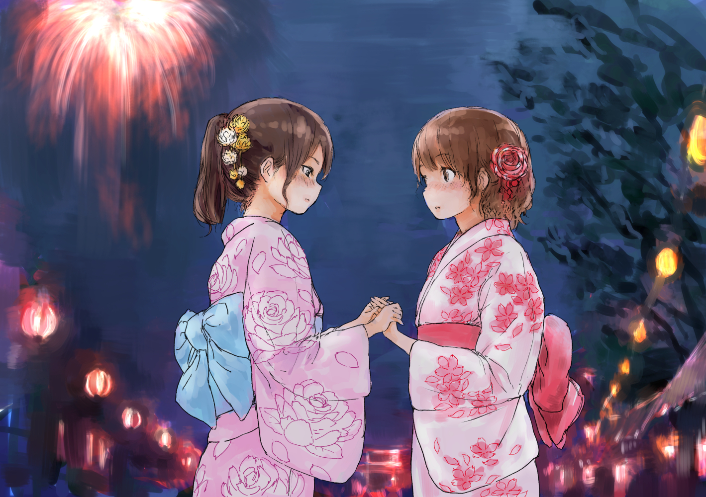 2girls, blush, festival, fireworks, japanese_clothes, night, original, ponytail, shoujo_ai, syou_(endemic_species), yukata