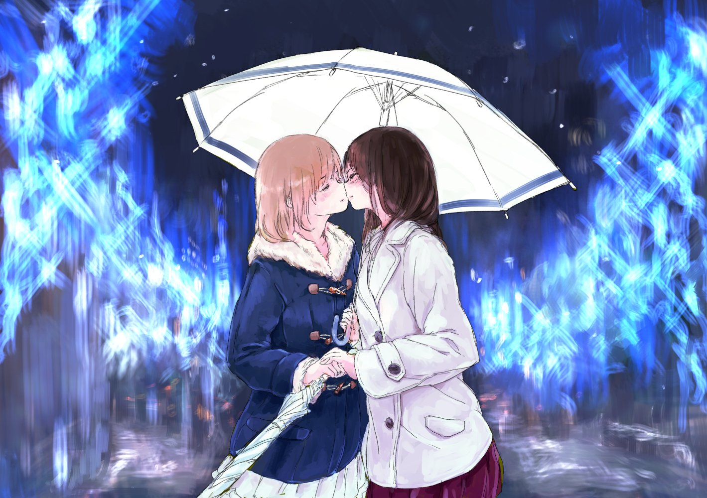 2girls, kiss, original, shoujo_ai, syou_(endemic_species), umbrella