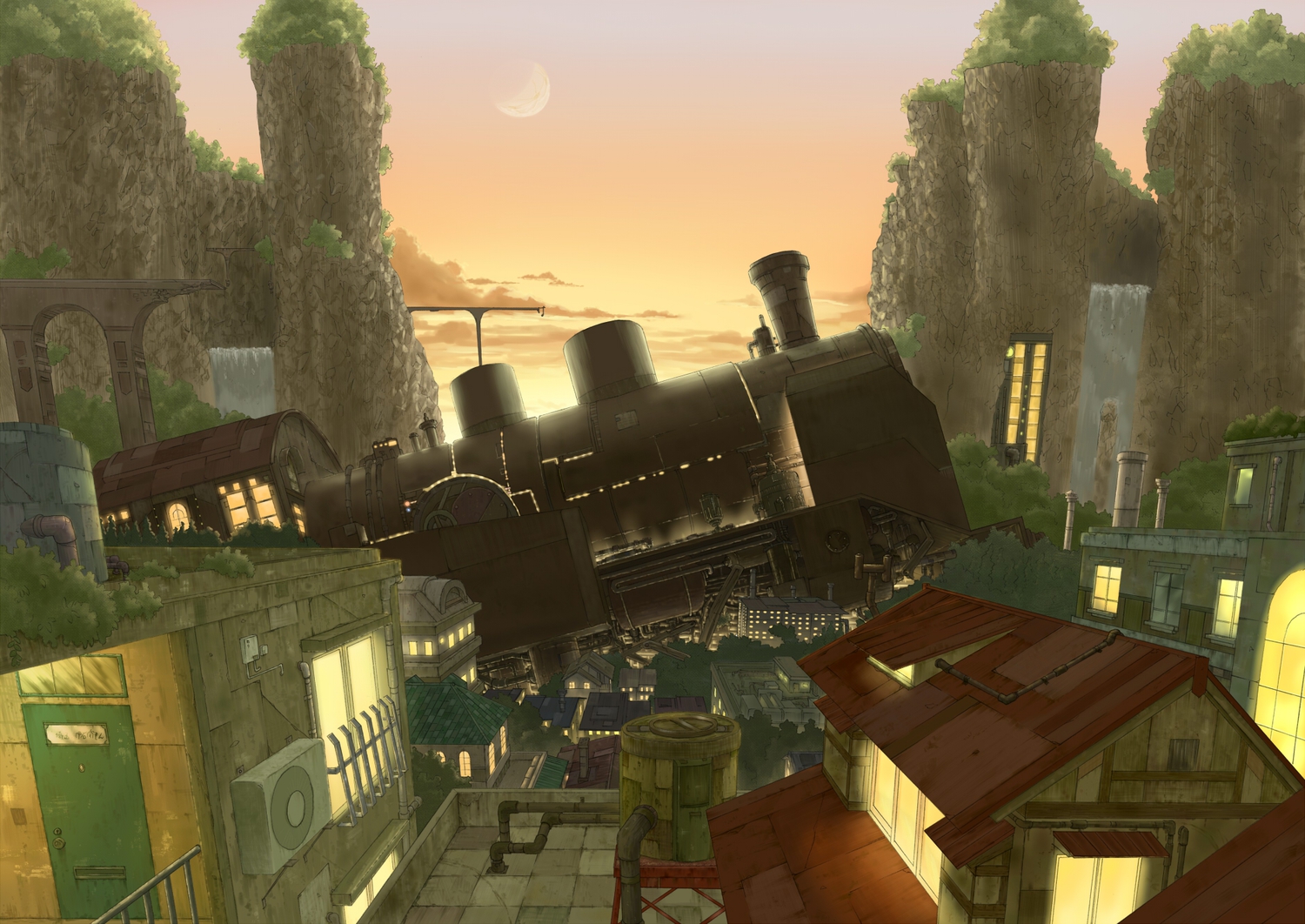 building, city, hotaka, moon, no_humans, original, scenic, train