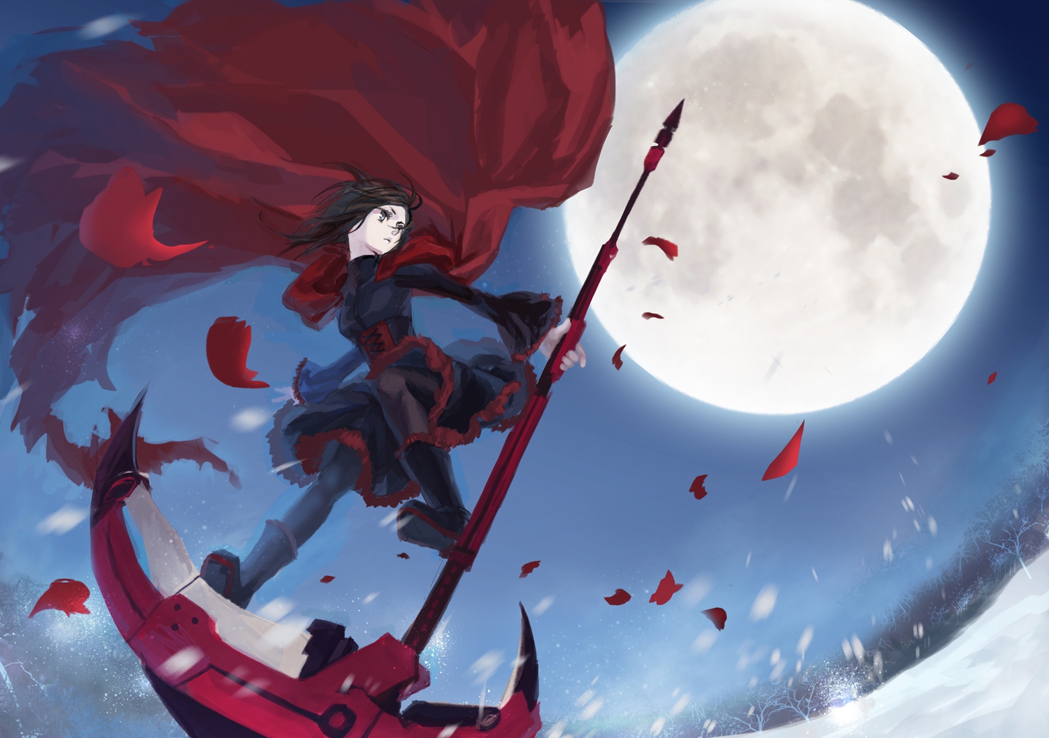 boots, brown_hair, cape, gray_eyes, mizukai, moon, night, petals, ruby_rose, rwby, scythe, sky, snow, weapon