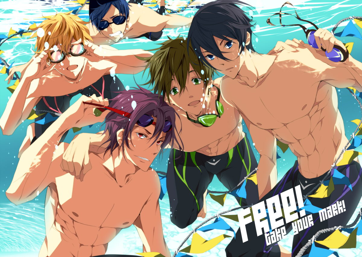 all_male, black_hair, black_rock_shooter_beast, blonde_hair, blue_eyes, blue_hair, free!, goggles, green_eyes, green_hair, hazuki_nagisa, loyalists, male, matsuoka_rin, nanase_haruka, nipples, red_eyes, reina_de_medishi, ryugazaki_rei, swimsuit, tachibana_makoto, topless, underwater, water