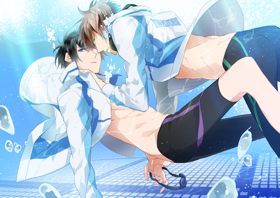 all_male, black_hair, blue_eyes, brown_hair, bubbles, free!, goggles, green_eyes