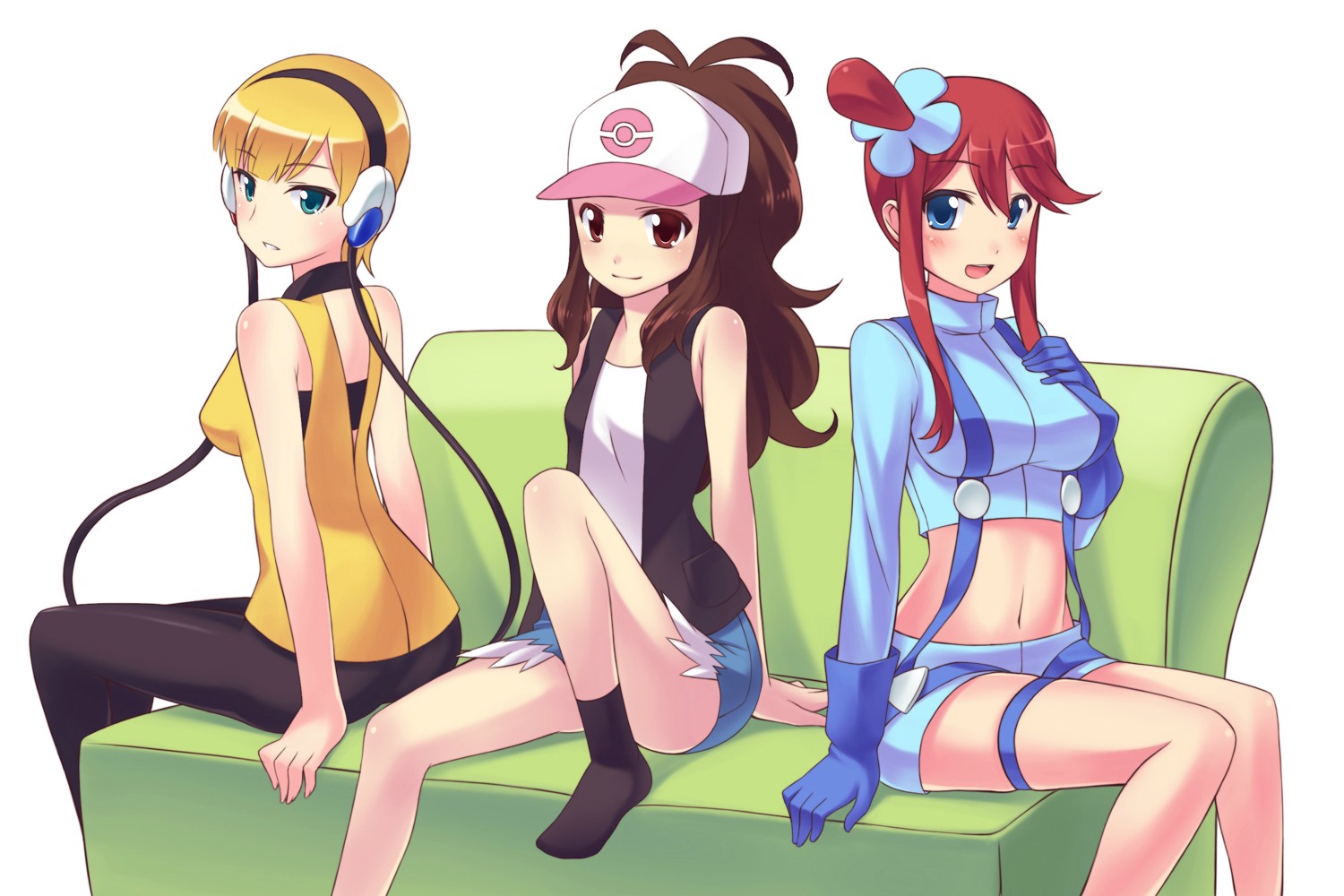 blonde_hair, blue_eyes, brown_eyes, brown_hair, fuuro_(pokemon), gloves, green_eyes, hat
