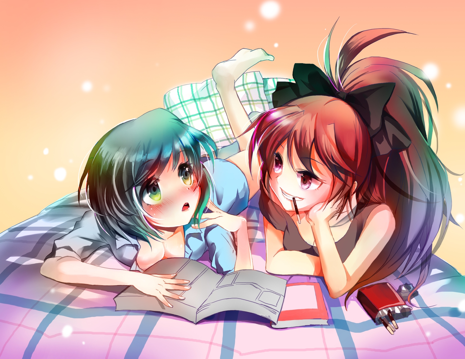 2girls, blush, book, breasts, cleavage, food, mahou_shoujo_madoka_magica, miki_sayaka, pocky, sakura_kyouko, u_julgi