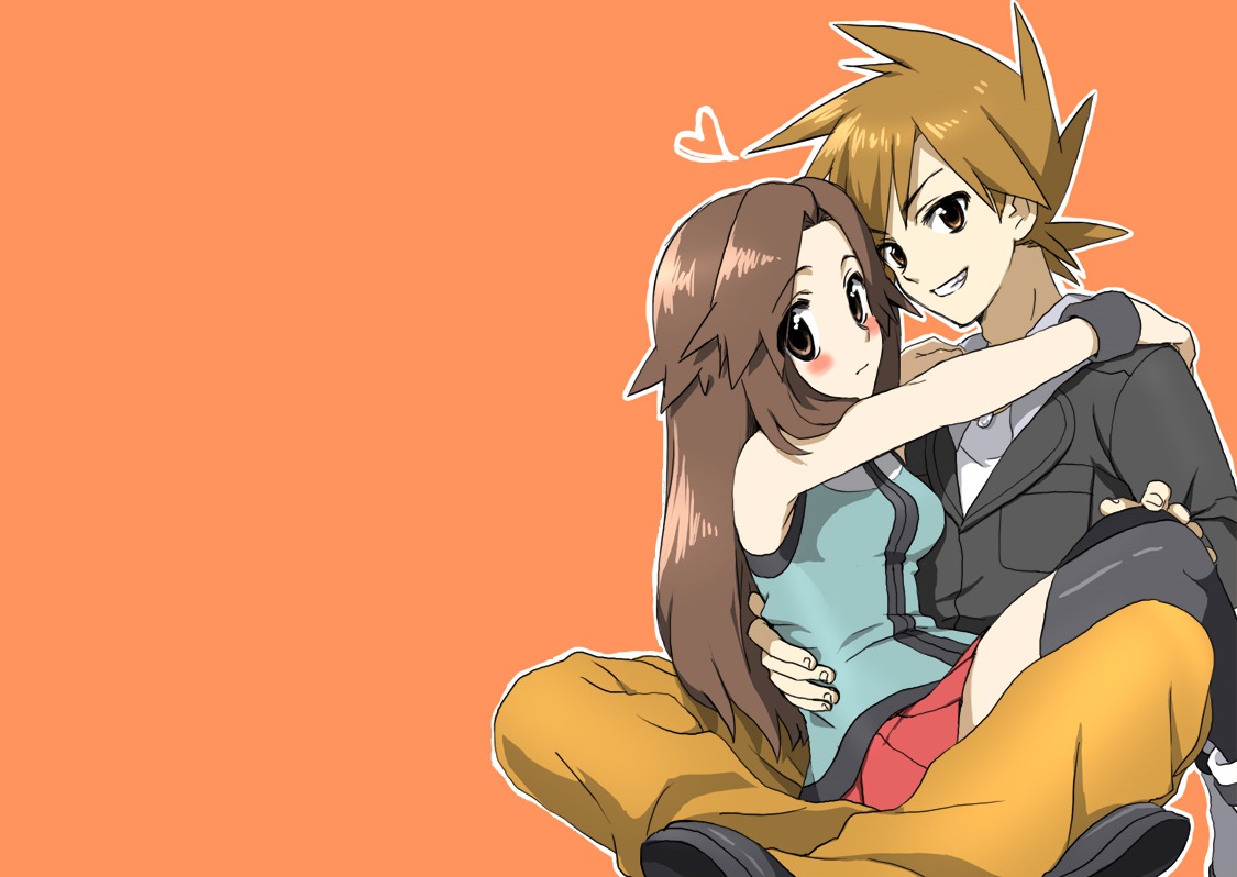 blush, bream-tan, brown_eyes, brown_hair, heart, leaf_(pokemon), ookido_green, orange, pokemon, thighhighs