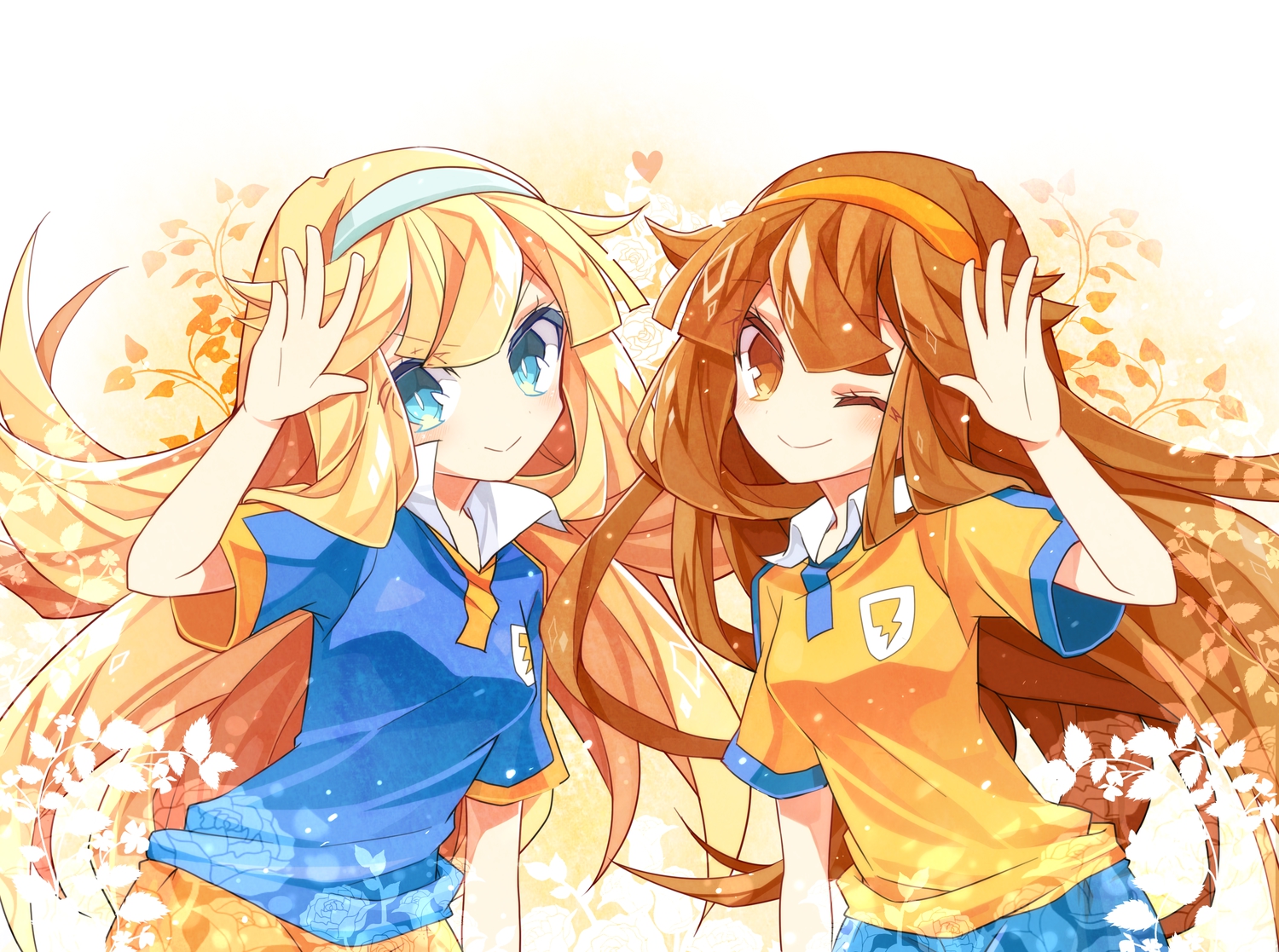 blonde_hair, brown_hair, houjicha, inazuma_eleven, inazuma_eleven_go, long_hair, nanobana_kinako, wink