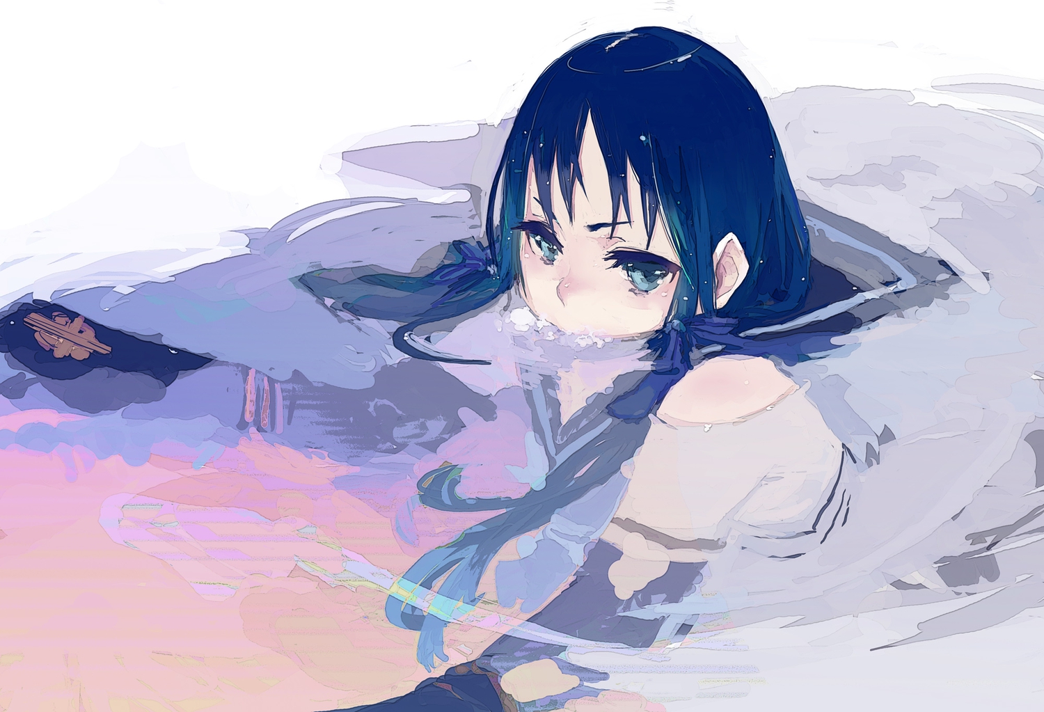 anthropomorphism, blue_eyes, blue_hair, bobhit, elbow_gloves, gloves, kantai_collection, long_hair, ribbons, school_uniform, suzukaze_(kancolle), water, wet