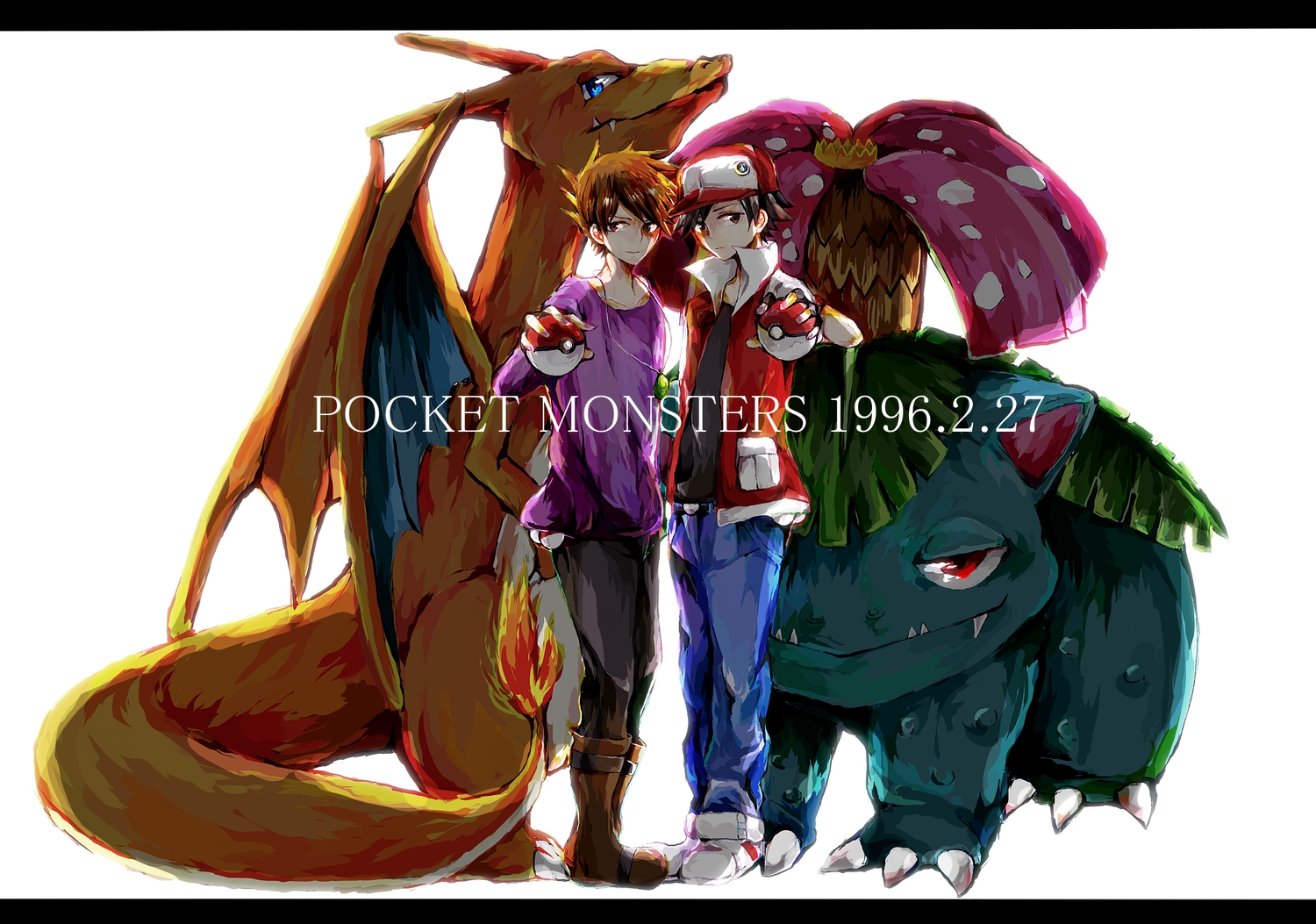 all_male, black_hair, brown_eyes, brown_hair, charizard, hat, male, necklace, ookido_green, pokemon, red_eyes, red_(pokemon), summer_interview, venusaur