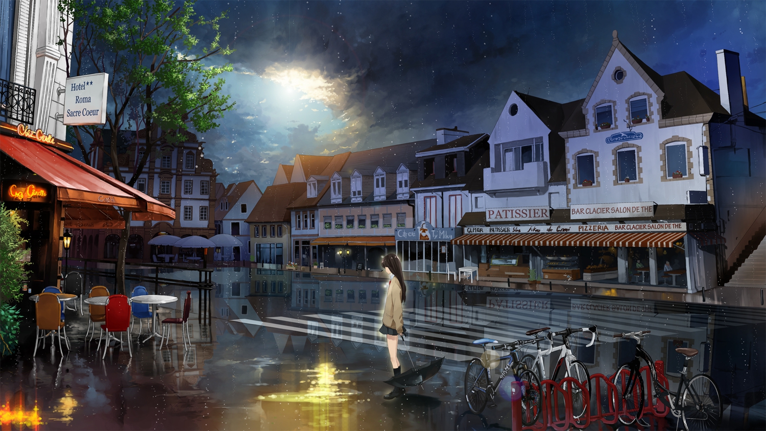 bicycle, building, clouds, justminor, kneehighs, original, rain, school_uniform, skirt, sky, tree, umbrella, water
