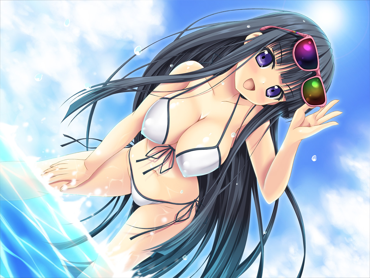 bikini, black_hair, breasts, cleavage, long_hair, noritama_(gozen), original, purple_eyes, sky, sunglasses, swimsuit, water, wet