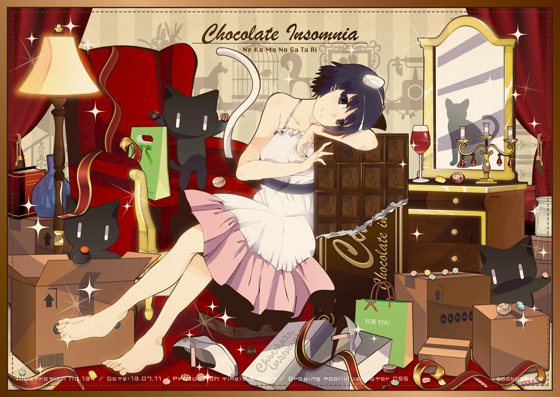 animal, animal_ears, barefoot, black_eyes, black_hair, candy, cat, catgirl