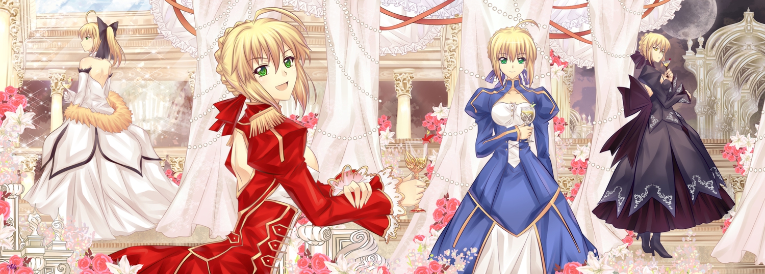 artoria_pendragon_(all), dress, fate/extra, fate_(series), fate/stay_night, fate/unlimited_codes, flowers, halodark