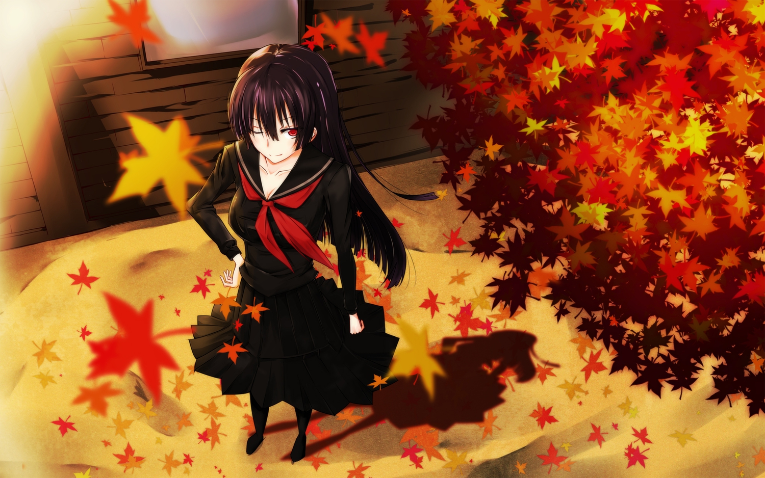 autumn, black_hair, gensohki, kanoe_yuuko, leaves, long_hair, pantyhose, school_uniform